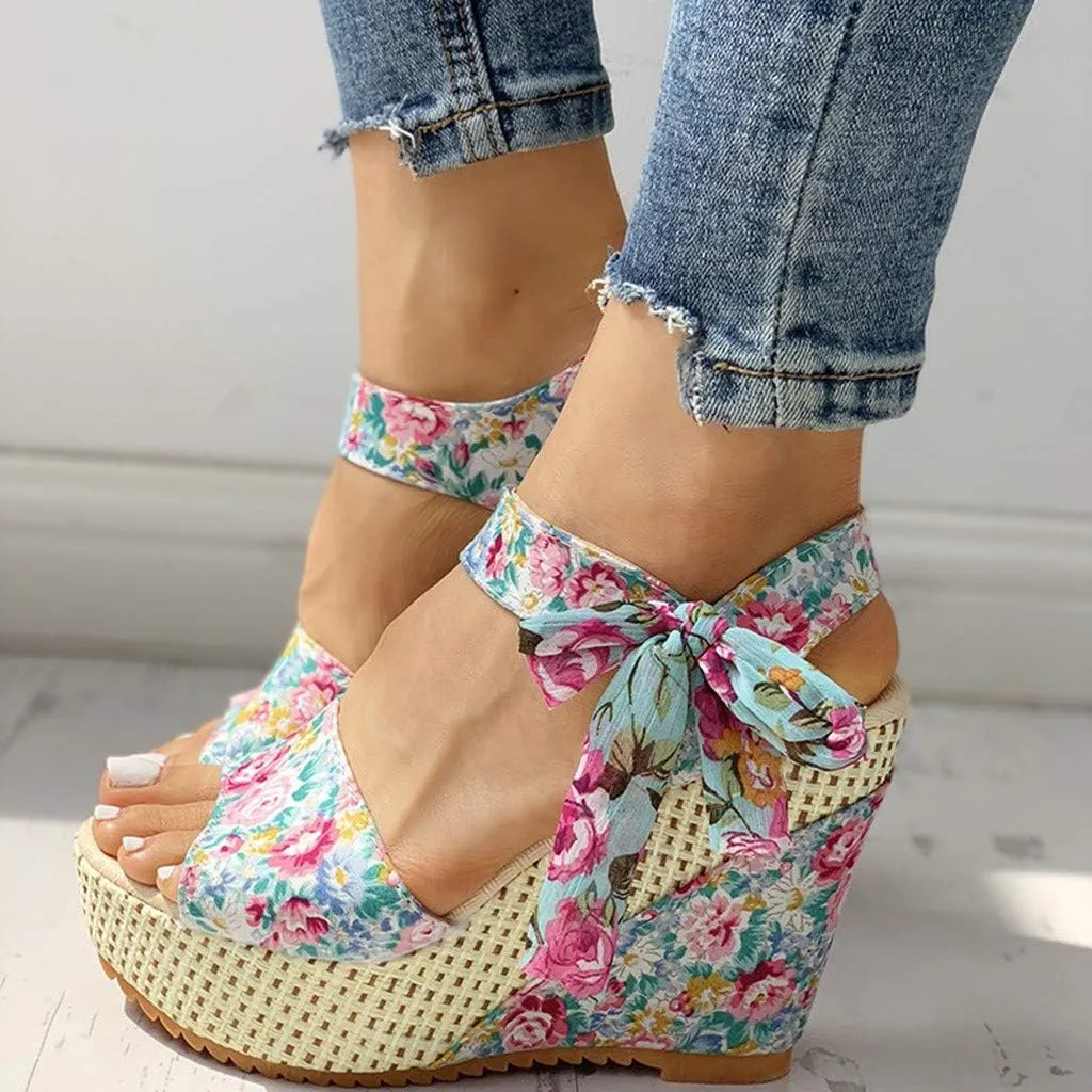 Women's Ladies Platform Wedges Heel Sandals Floral Flower Lace-Up Shoes Footwear Wedge Slide Sandals for Women