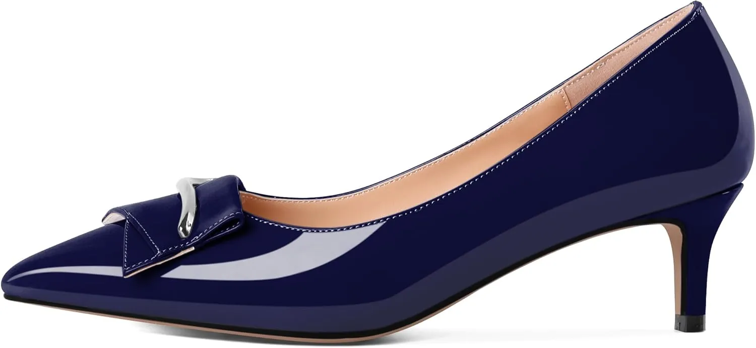 Women's Low Kitten Heels Closed Pointey Toe Pumps Low Stiletto Heels Slip-on Buckle Pumps Wedding Bridal Party 2 Inches Dress Shoes