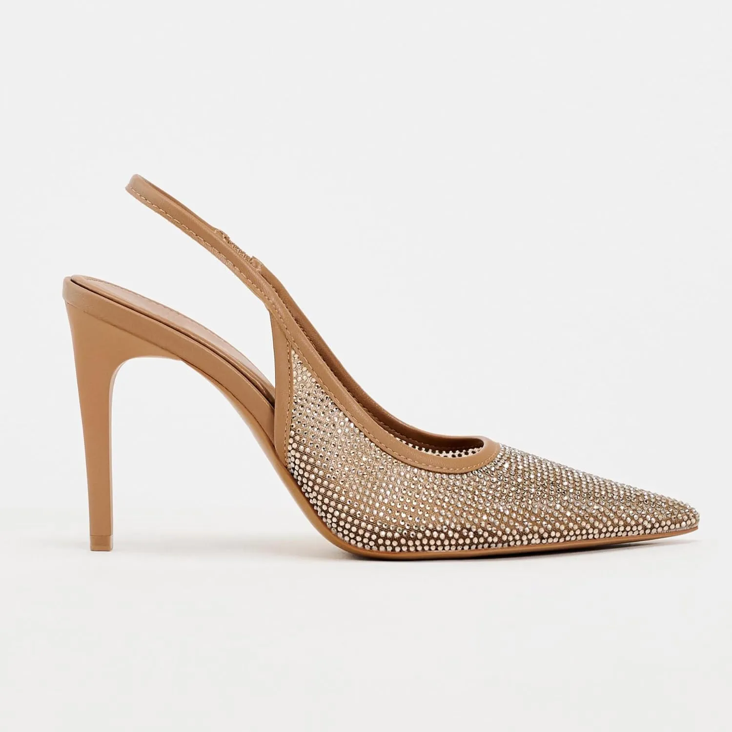 Women's Mesh Crystal Slingback Pumps Pointed Toe Rhinestone Stiletto High Heels Stretch Strap Sexy Heeled Sandals Party Dress Shoes