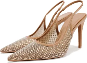 Women's Mesh Crystal Slingback Pumps Pointed Toe Rhinestone Stiletto High Heels Stretch Strap Sexy Heeled Sandals Party Dress Shoes