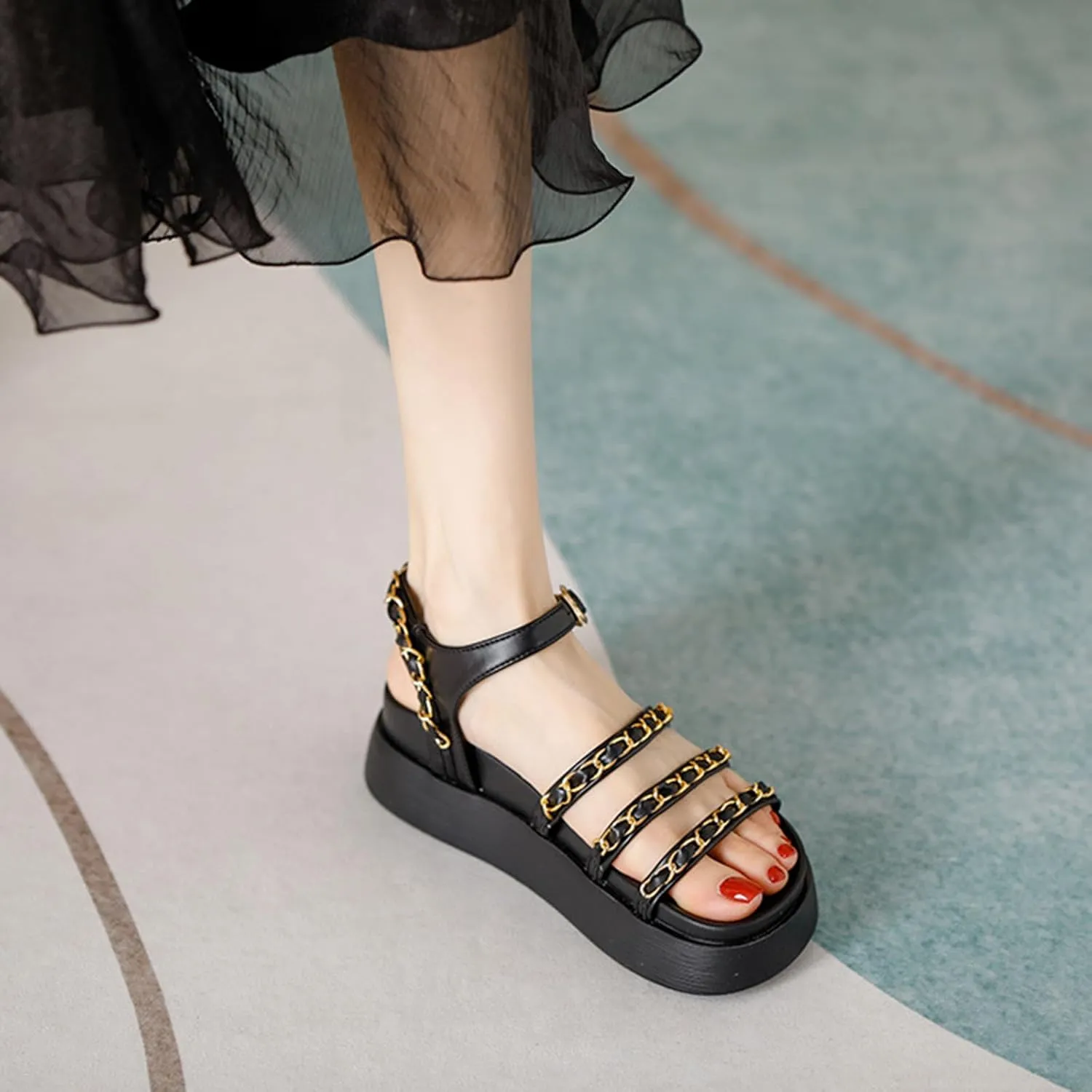 Women's Metal Chain Open Toe Platform Sandals,Summer Fashion Adjustable Buckle Strappy Gladiator Heels Sandals