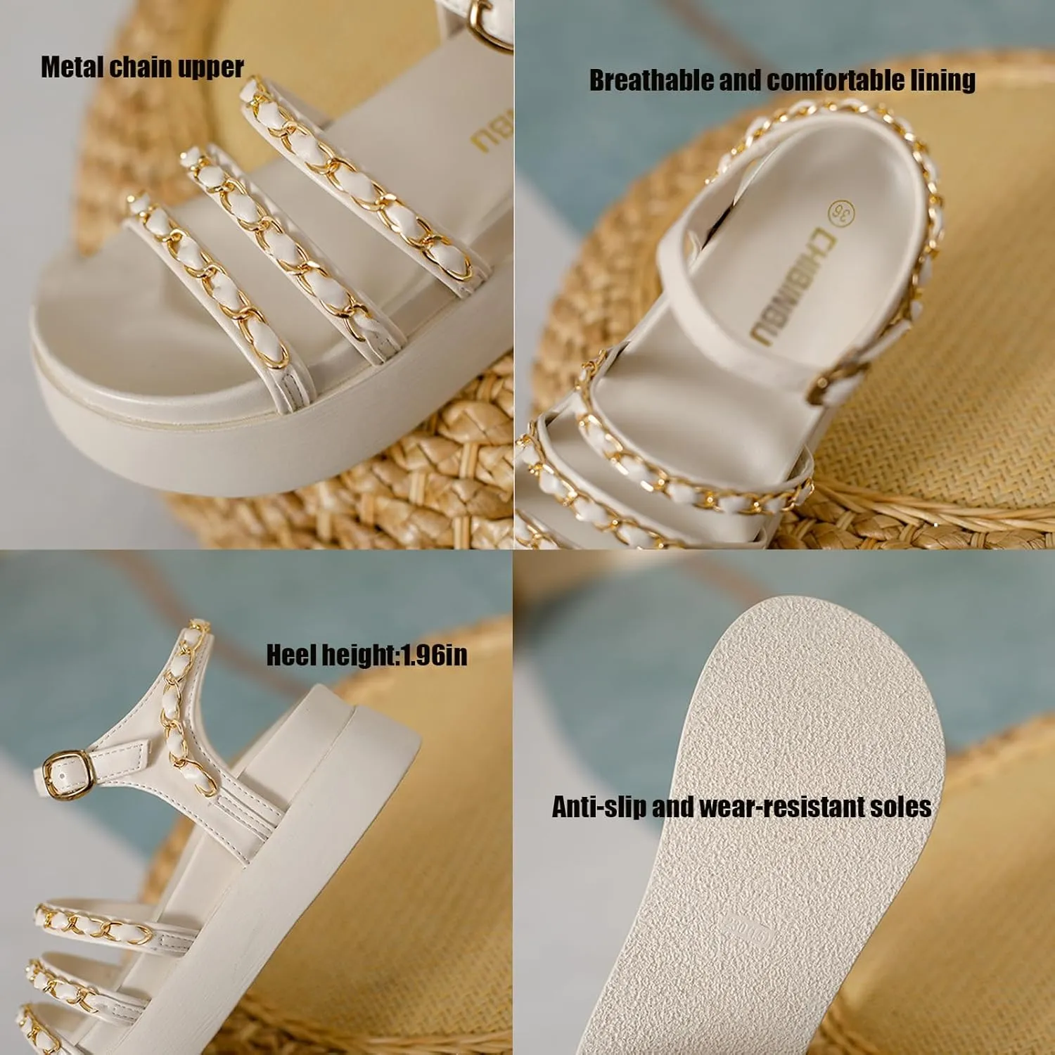 Women's Metal Chain Open Toe Platform Sandals,Summer Fashion Adjustable Buckle Strappy Gladiator Heels Sandals