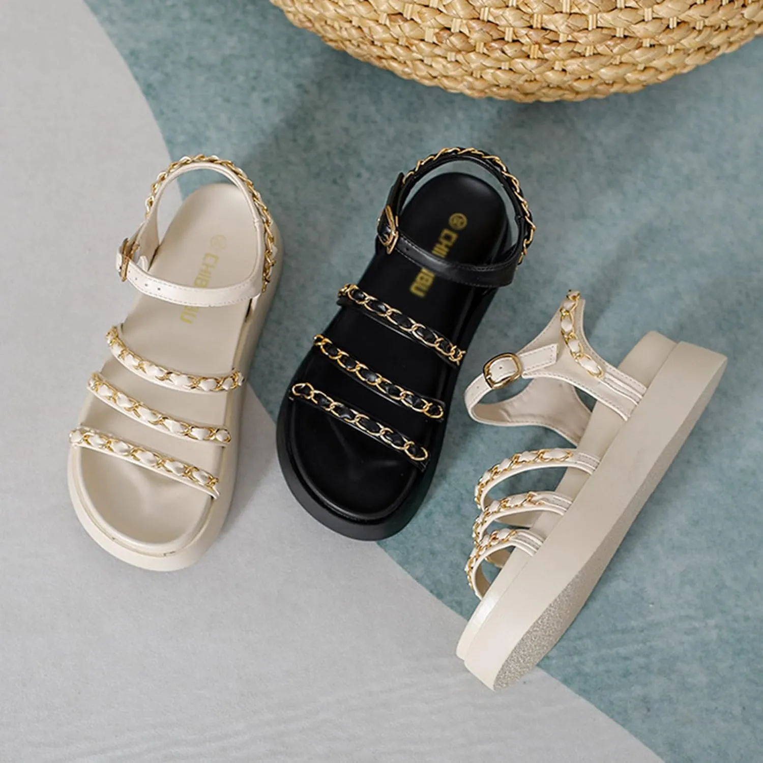 Women's Metal Chain Open Toe Platform Sandals,Summer Fashion Adjustable Buckle Strappy Gladiator Heels Sandals