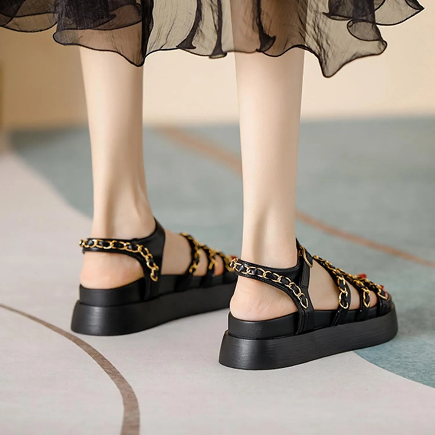 Women's Metal Chain Open Toe Platform Sandals,Summer Fashion Adjustable Buckle Strappy Gladiator Heels Sandals