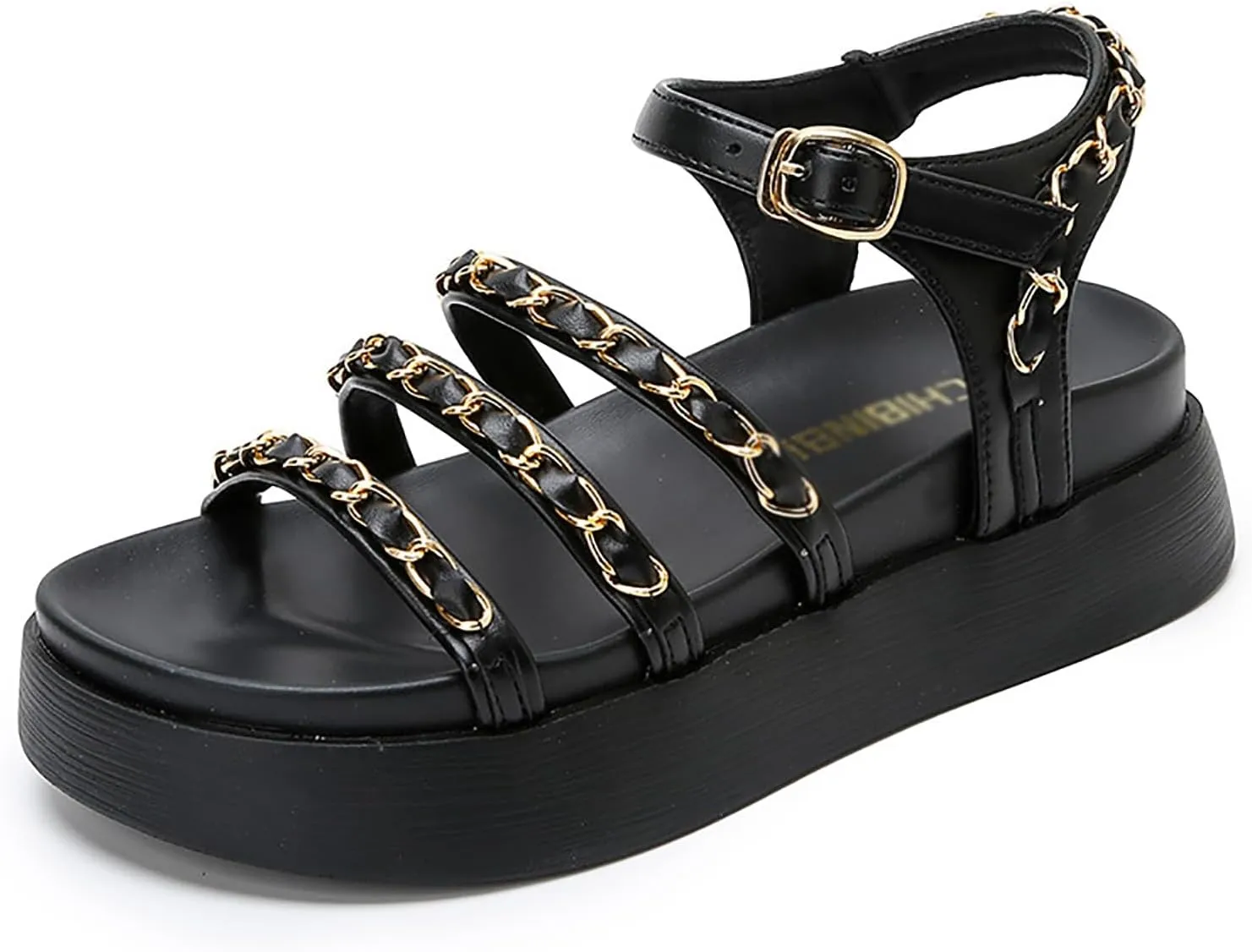 Women's Metal Chain Open Toe Platform Sandals,Summer Fashion Adjustable Buckle Strappy Gladiator Heels Sandals
