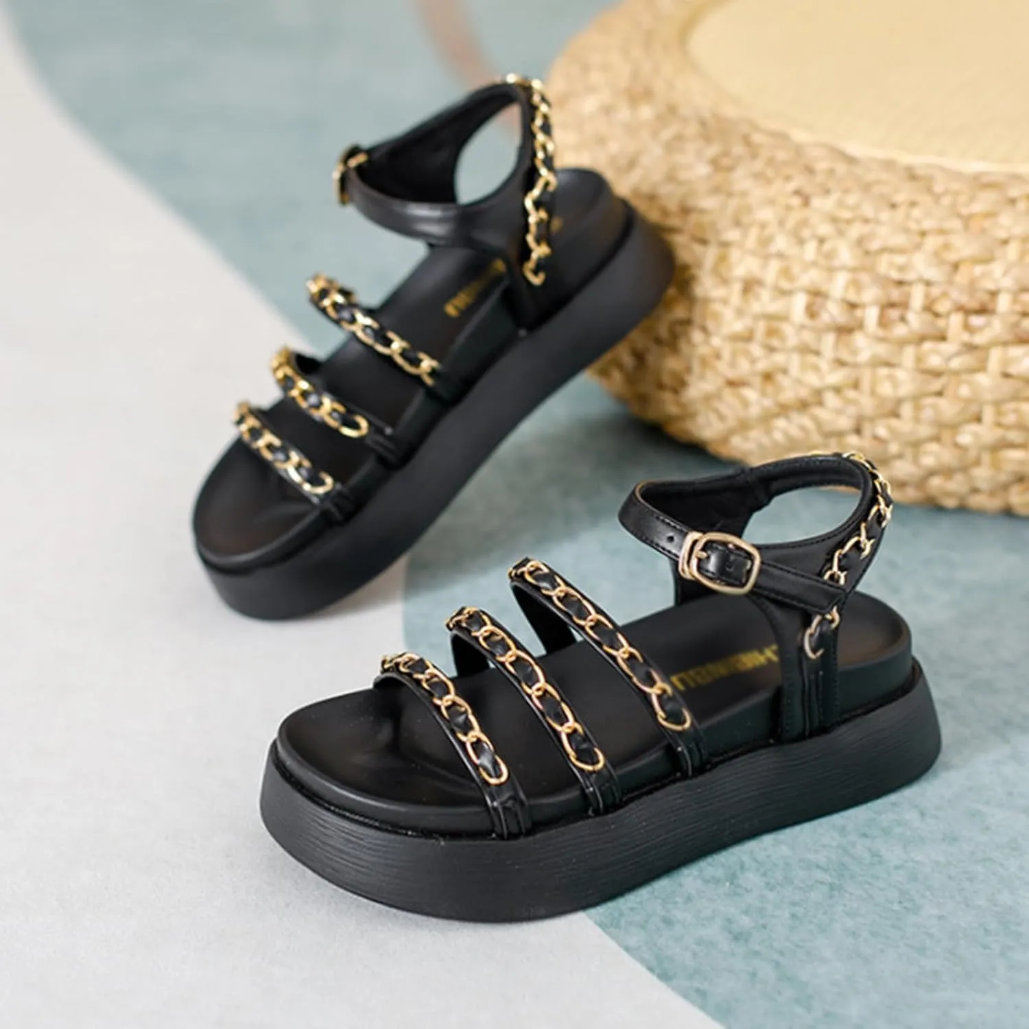 Women's Metal Chain Open Toe Platform Sandals,Summer Fashion Adjustable Buckle Strappy Gladiator Heels Sandals