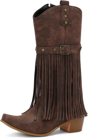 Women's Metal Decoration Fringe Cowboy Western Knee High Boots Brown Slip On Stacked Heel Clubwear Wedding Casual Wide Calf Tassel Country Cowgirl Boots Size 4-11