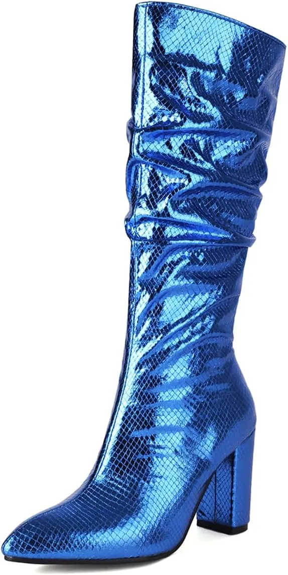 Women's Metallic Slouch Knee High Boots Block Heel Pointed Toe Faux Crocodile Long Boots