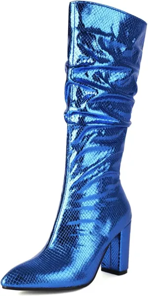 Women's Metallic Slouch Knee High Boots Block Heel Pointed Toe Faux Crocodile Long Boots