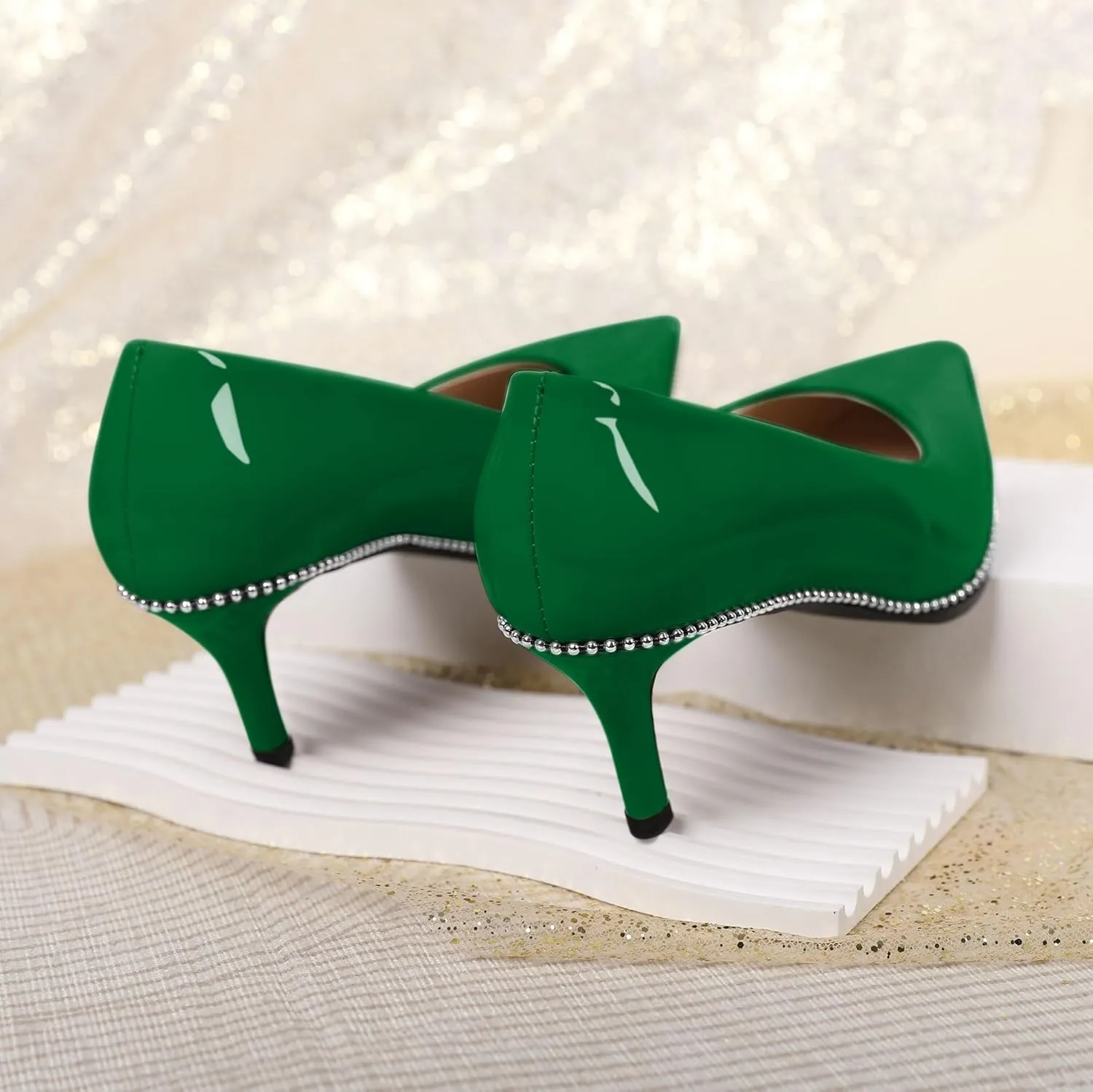 Women's Mid Stiletto Heels Low Kitten Heels Closed Pointey Toe Pumps Slip-on Sliver Beads Pumps Ladies Work Office Dress Shoes 2.5 Inches