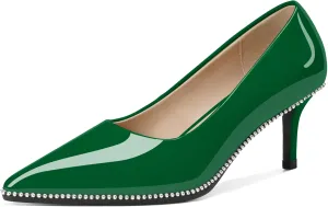 Women's Mid Stiletto Heels Low Kitten Heels Closed Pointey Toe Pumps Slip-on Sliver Beads Pumps Ladies Work Office Dress Shoes 2.5 Inches