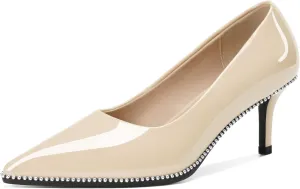 Women's Mid Stiletto Heels Low Kitten Heels Closed Pointey Toe Pumps Slip-on Sliver Beads Pumps Ladies Work Office Dress Shoes 2.5 Inches