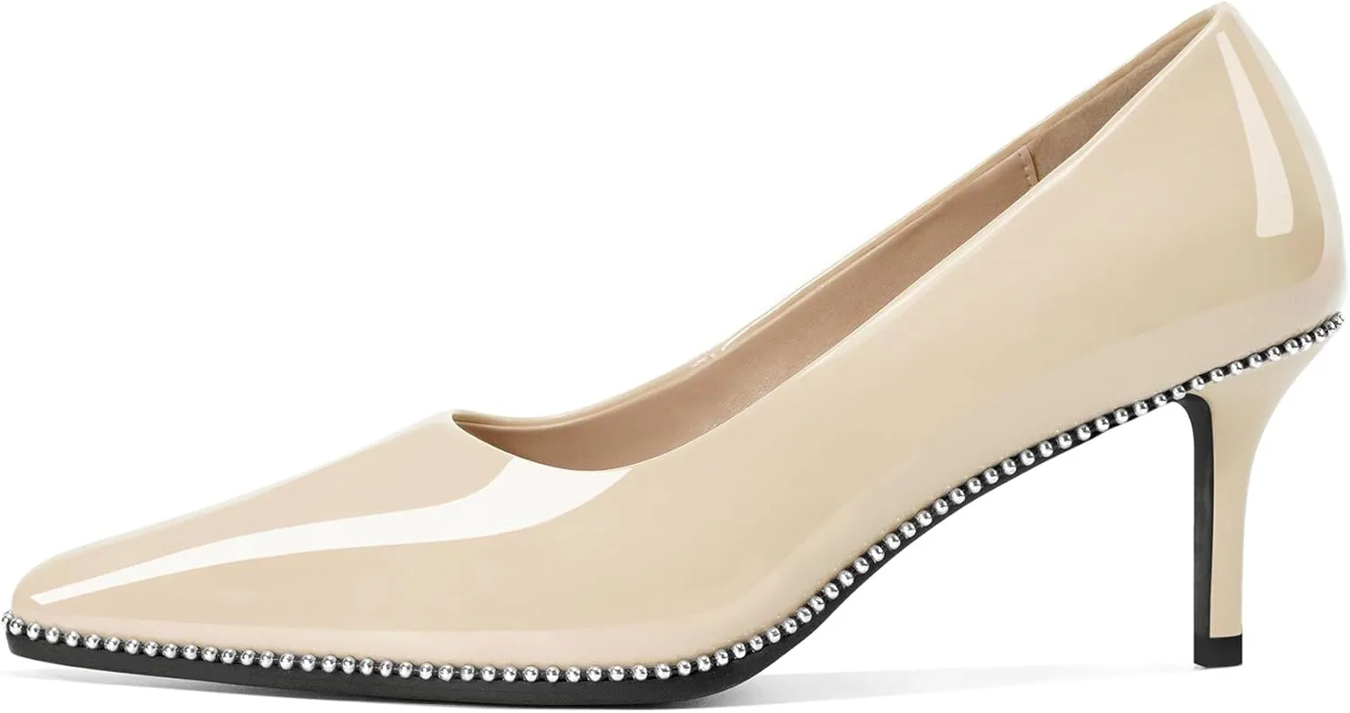 Women's Mid Stiletto Heels Low Kitten Heels Closed Pointey Toe Pumps Slip-on Sliver Beads Pumps Ladies Work Office Dress Shoes 2.5 Inches