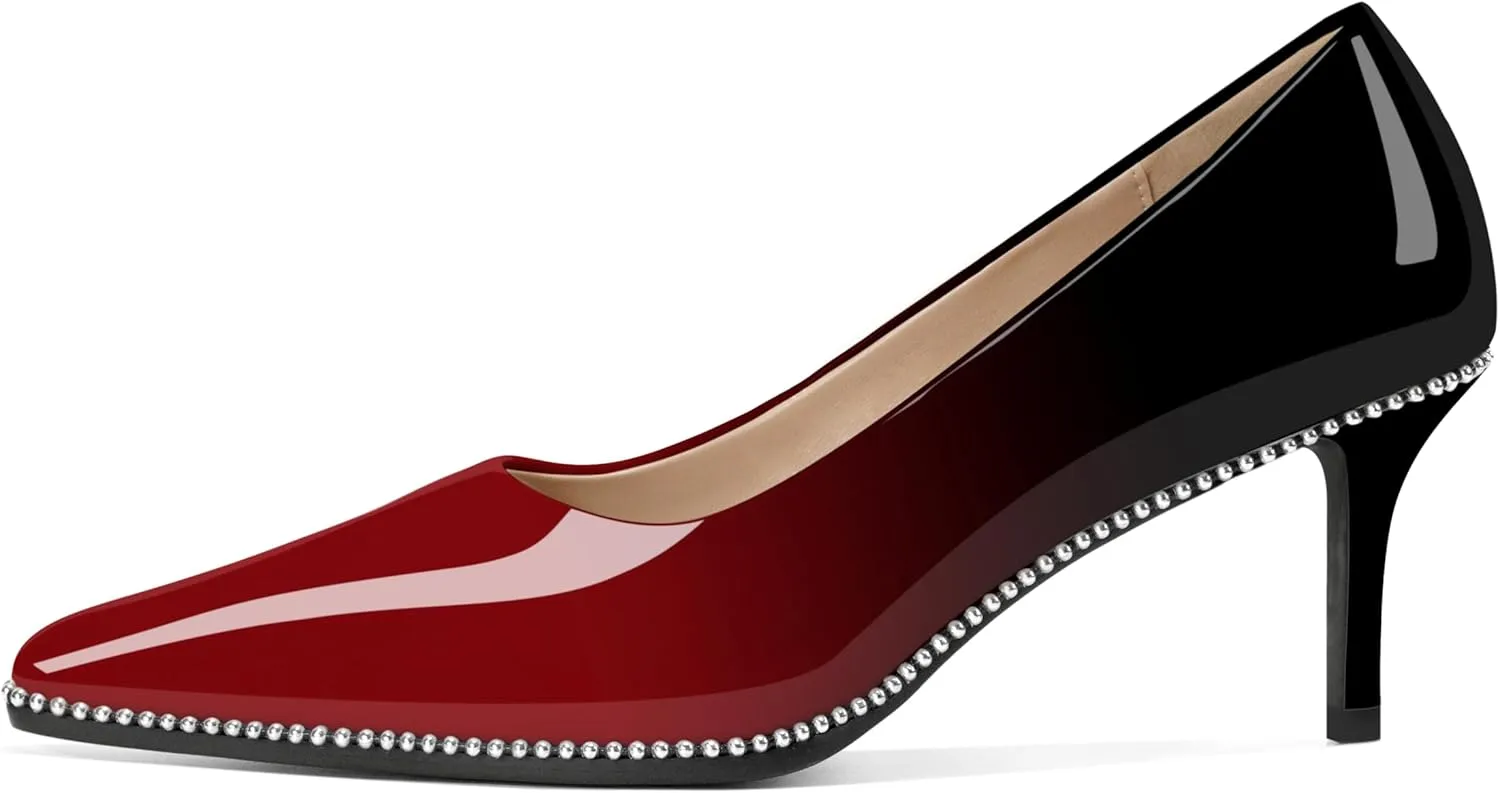 Women's Mid Stiletto Heels Low Kitten Heels Closed Pointey Toe Pumps Slip-on Sliver Beads Pumps Ladies Work Office Dress Shoes 2.5 Inches
