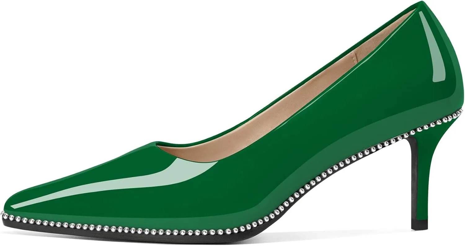 Women's Mid Stiletto Heels Low Kitten Heels Closed Pointey Toe Pumps Slip-on Sliver Beads Pumps Ladies Work Office Dress Shoes 2.5 Inches