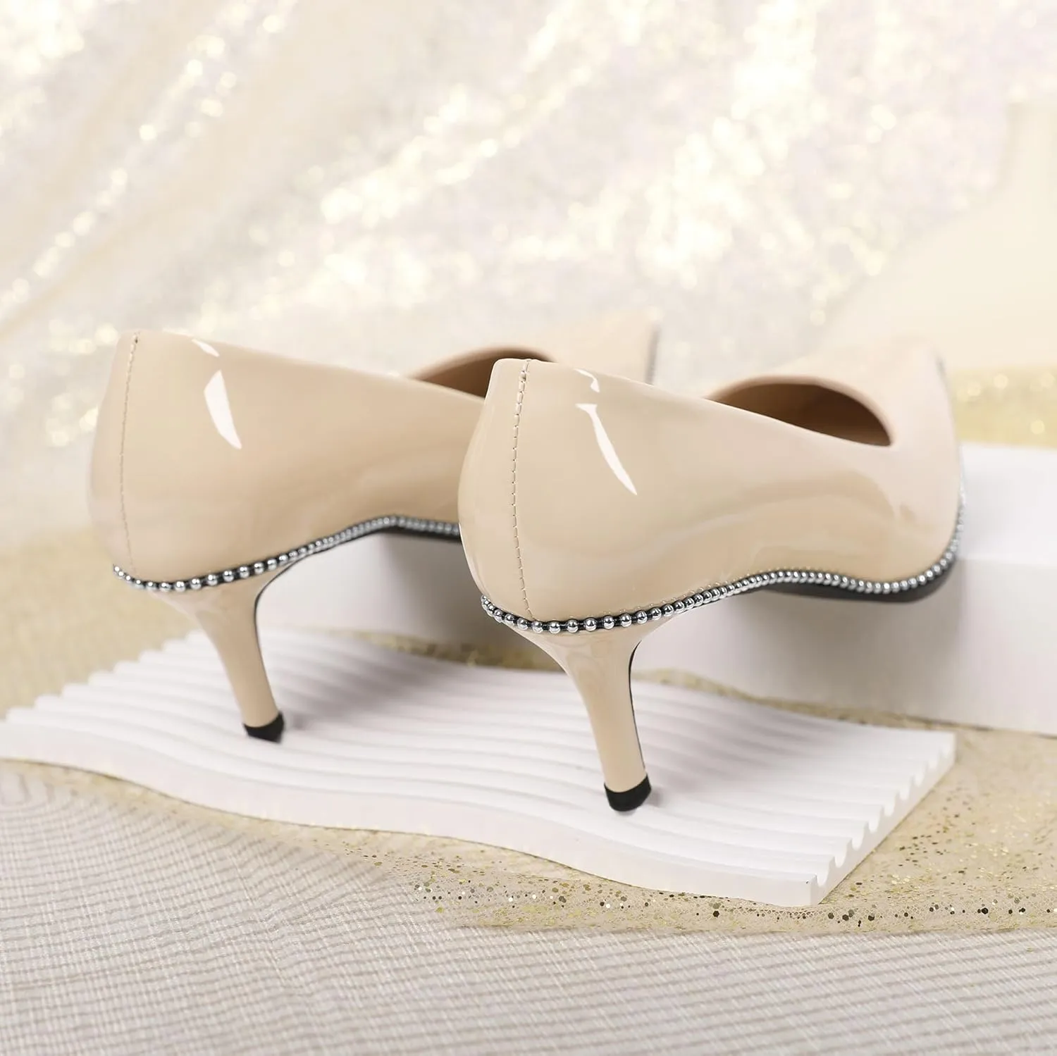 Women's Mid Stiletto Heels Low Kitten Heels Closed Pointey Toe Pumps Slip-on Sliver Beads Pumps Ladies Work Office Dress Shoes 2.5 Inches