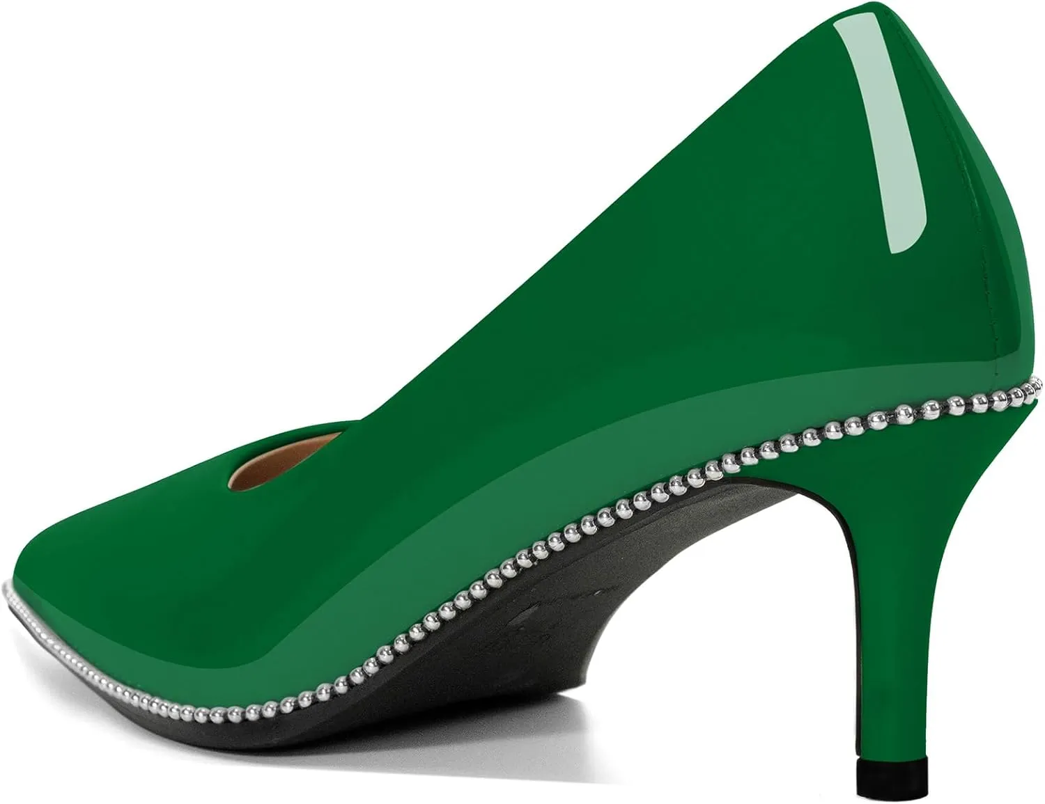 Women's Mid Stiletto Heels Low Kitten Heels Closed Pointey Toe Pumps Slip-on Sliver Beads Pumps Ladies Work Office Dress Shoes 2.5 Inches