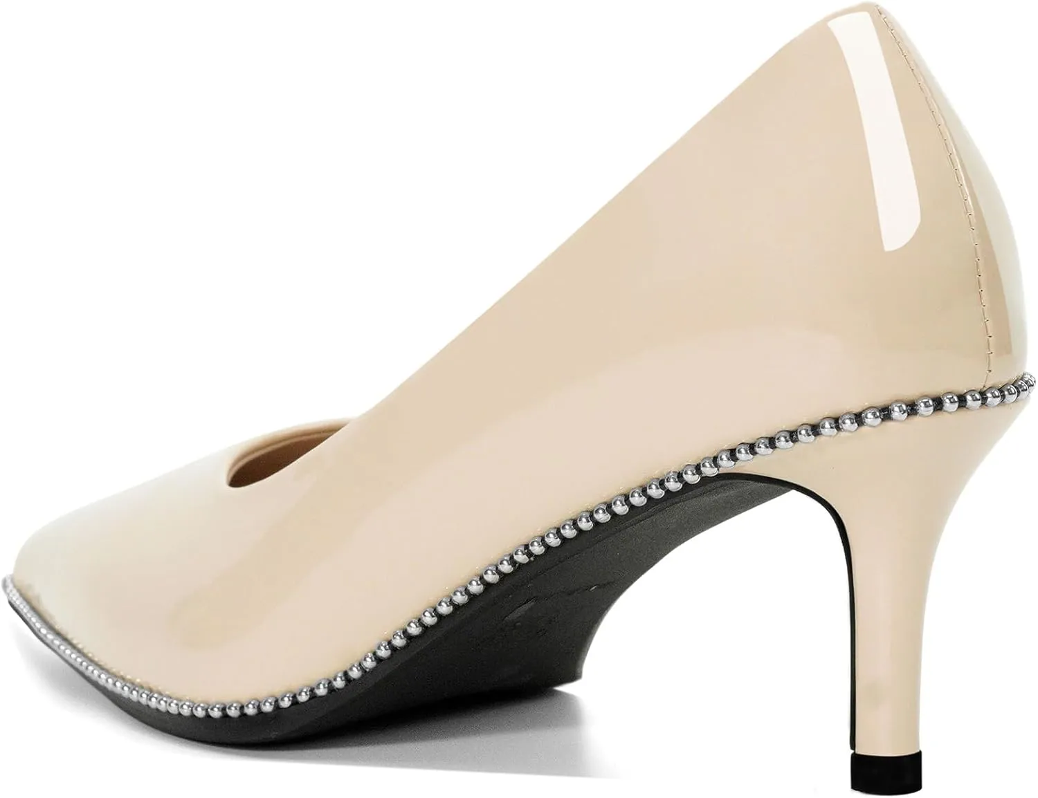 Women's Mid Stiletto Heels Low Kitten Heels Closed Pointey Toe Pumps Slip-on Sliver Beads Pumps Ladies Work Office Dress Shoes 2.5 Inches