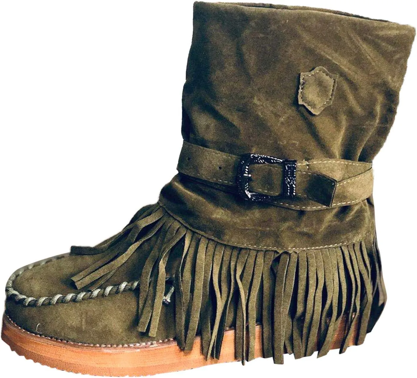 Women's Moccasins Fringe Tassel Boots Suede Buckled Strappy Mid Calf Boots for Women Winter Warm Dress (Green, 6.5)