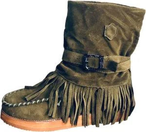 Women's Moccasins Fringe Tassel Boots Suede Buckled Strappy Mid Calf Boots for Women Winter Warm Dress (Green, 6.5)