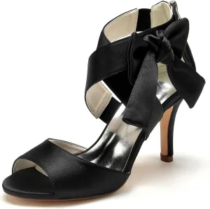 Women's Orange Bow Sandals Satin Dress Shoes Bridal Wedding Heels, Party Show Shoes