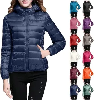 Women's Packable Jacket Coat with Pockets Short Hooded Down Jacket Solid Lightweight Full Zip Outwear Winter