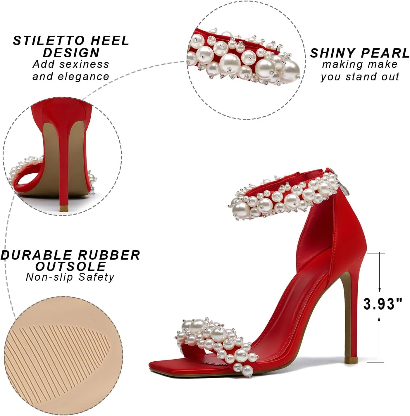 Women's Pearl Stiletto Heels Open Square Toe sparkly heels Ankle Back Zipper bridal heels Satin Wedding Sexy prom heels Party Dressy Shoes
