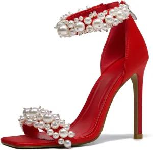 Women's Pearl Stiletto Heels Open Square Toe sparkly heels Ankle Back Zipper bridal heels Satin Wedding Sexy prom heels Party Dressy Shoes