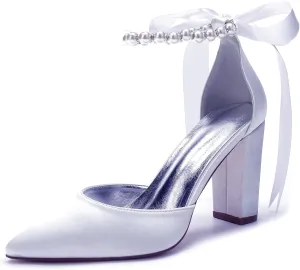 Women's Pearl White Wedding Shoes for Bride High Heels Pointed Toe Bridal Shoes Satin Block Heels Prom Party Dress Pumps Sandals