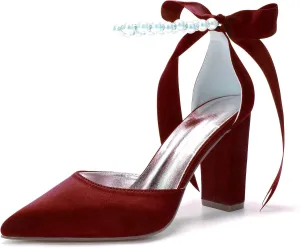 Women's Pearl White Wedding Shoes for Bride High Heels Pointed Toe Bridal Shoes Satin Block Heels Prom Party Dress Pumps Sandals