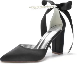 Women's Pearl White Wedding Shoes for Bride High Heels Pointed Toe Bridal Shoes Satin Block Heels Prom Party Dress Pumps Sandals