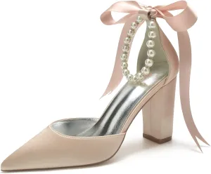 Women's Pearl White Wedding Shoes for Bride High Heels Pointed Toe Bridal Shoes Satin Block Heels Prom Party Dress Pumps Sandals
