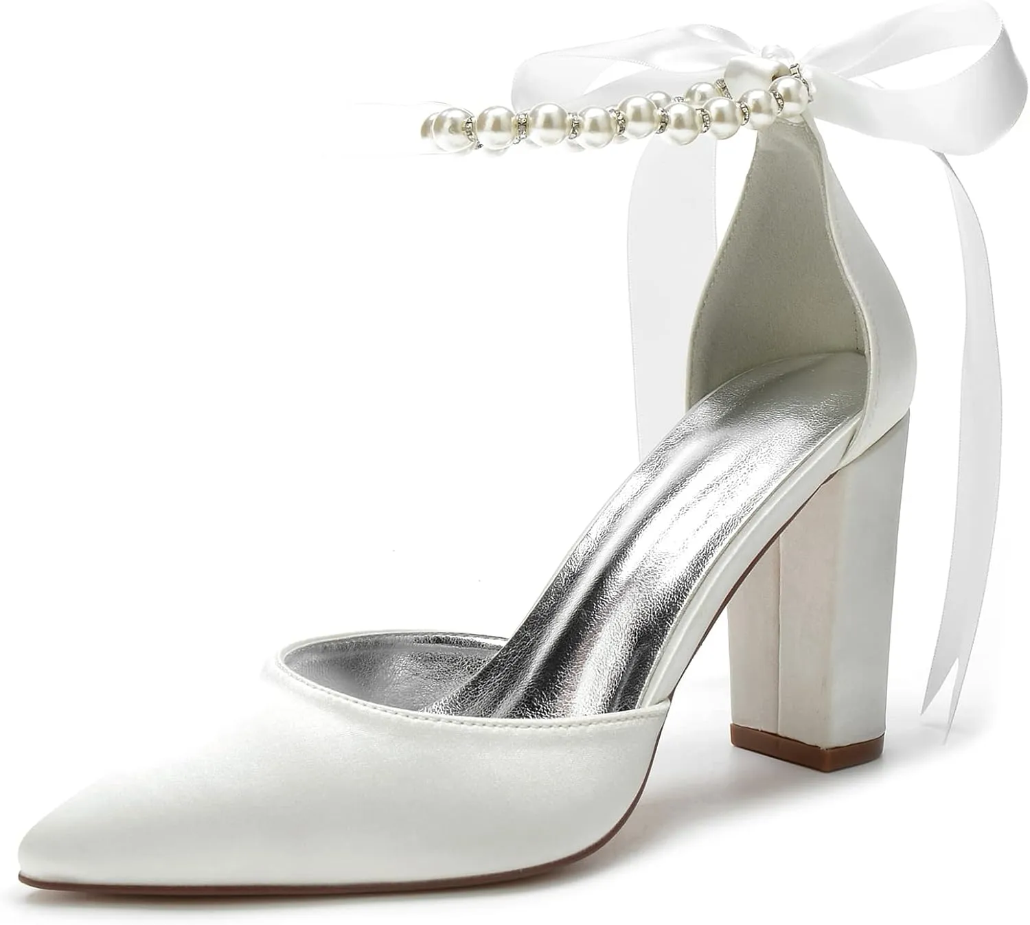 Women's Pearl White Wedding Shoes for Bride High Heels Pointed Toe Bridal Shoes Satin Block Heels Prom Party Dress Pumps Sandals