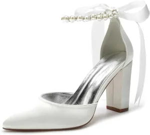 Women's Pearl White Wedding Shoes for Bride High Heels Pointed Toe Bridal Shoes Satin Block Heels Prom Party Dress Pumps Sandals