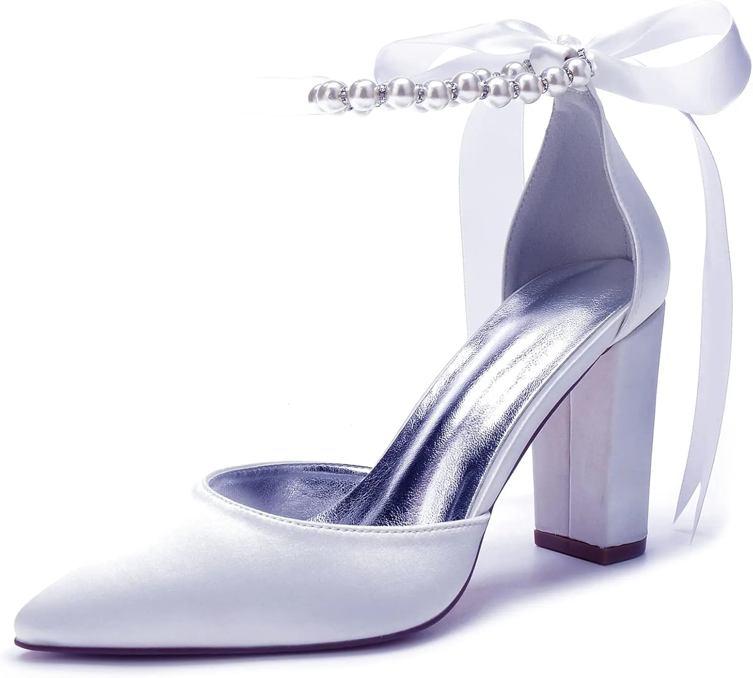 Women's Pearl White Wedding Shoes for Bride High Heels Pointed Toe Bridal Shoes Satin Block Heels Prom Party Dress Pumps Sandals