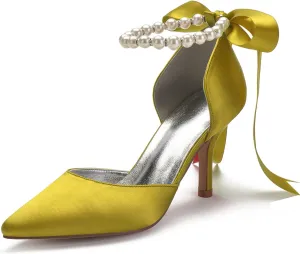 Women's Pearl White Wedding Shoes for Bride High Heels Pointed Toe Bridal Shoes Satin Prom Party Dress Pumps Sandals