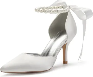 Women's Pearl White Wedding Shoes for Bride High Heels Pointed Toe Bridal Shoes Satin Prom Party Dress Pumps Sandals