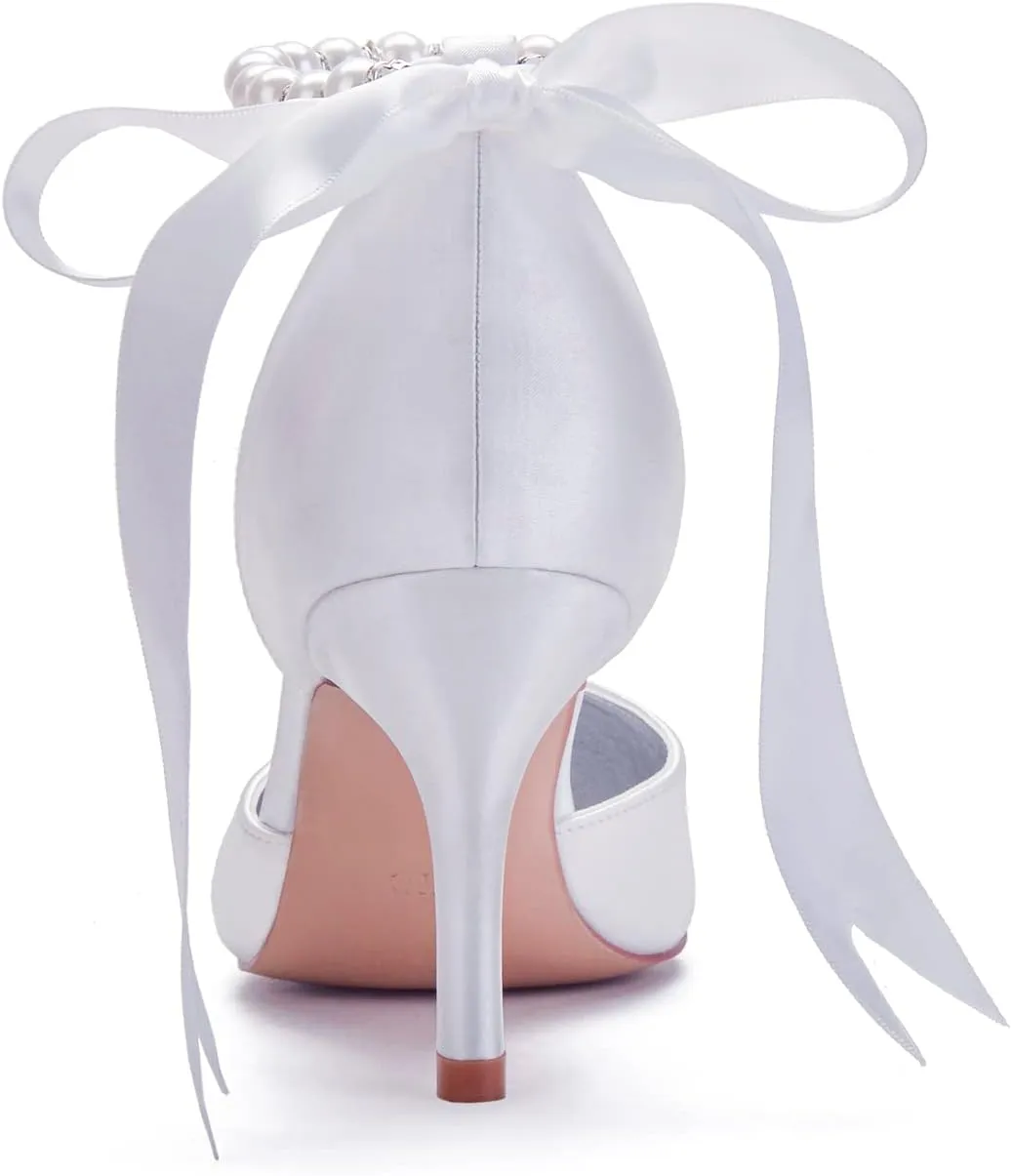 Women's Pearl White Wedding Shoes for Bride High Heels Pointed Toe Bridal Shoes Satin Prom Party Dress Pumps Sandals