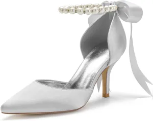 Women's Pearl White Wedding Shoes for Bride High Heels Pointed Toe Bridal Shoes Satin Prom Party Dress Pumps Sandals