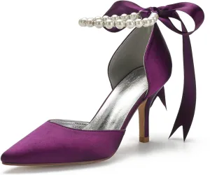 Women's Pearl White Wedding Shoes for Bride High Heels Pointed Toe Bridal Shoes Satin Prom Party Dress Pumps Sandals