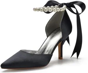 Women's Pearl White Wedding Shoes for Bride High Heels Pointed Toe Bridal Shoes Satin Prom Party Dress Pumps Sandals