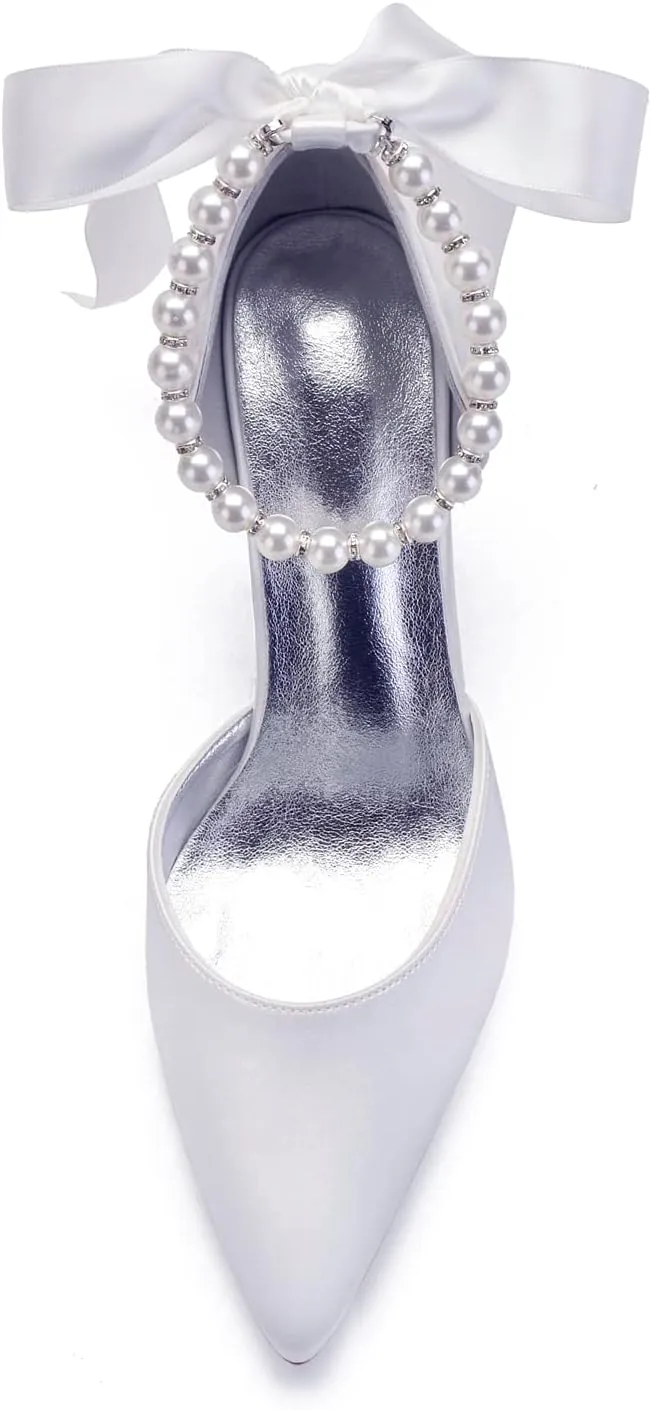 Women's Pearl White Wedding Shoes for Bride High Heels Pointed Toe Bridal Shoes Satin Prom Party Dress Pumps Sandals