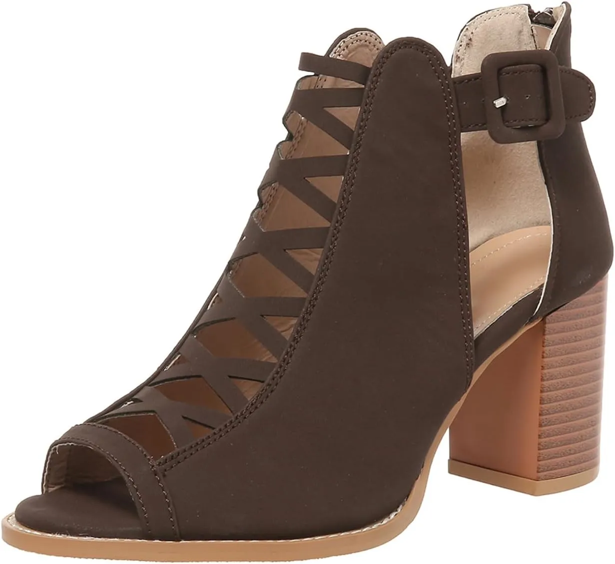 Womens Peep Toe Booties Chunky Heeled Sandals Back Zipper Cutout Dressy Sandals with Adjustable Ankle Strap Buckle
