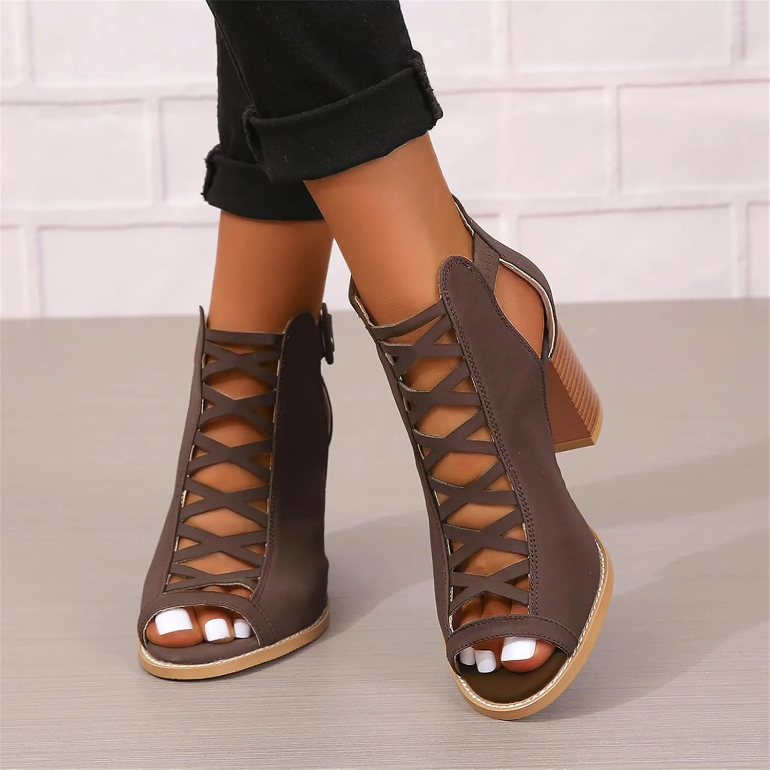Womens Peep Toe Booties Chunky Heeled Sandals Back Zipper Cutout Dressy Sandals with Adjustable Ankle Strap Buckle