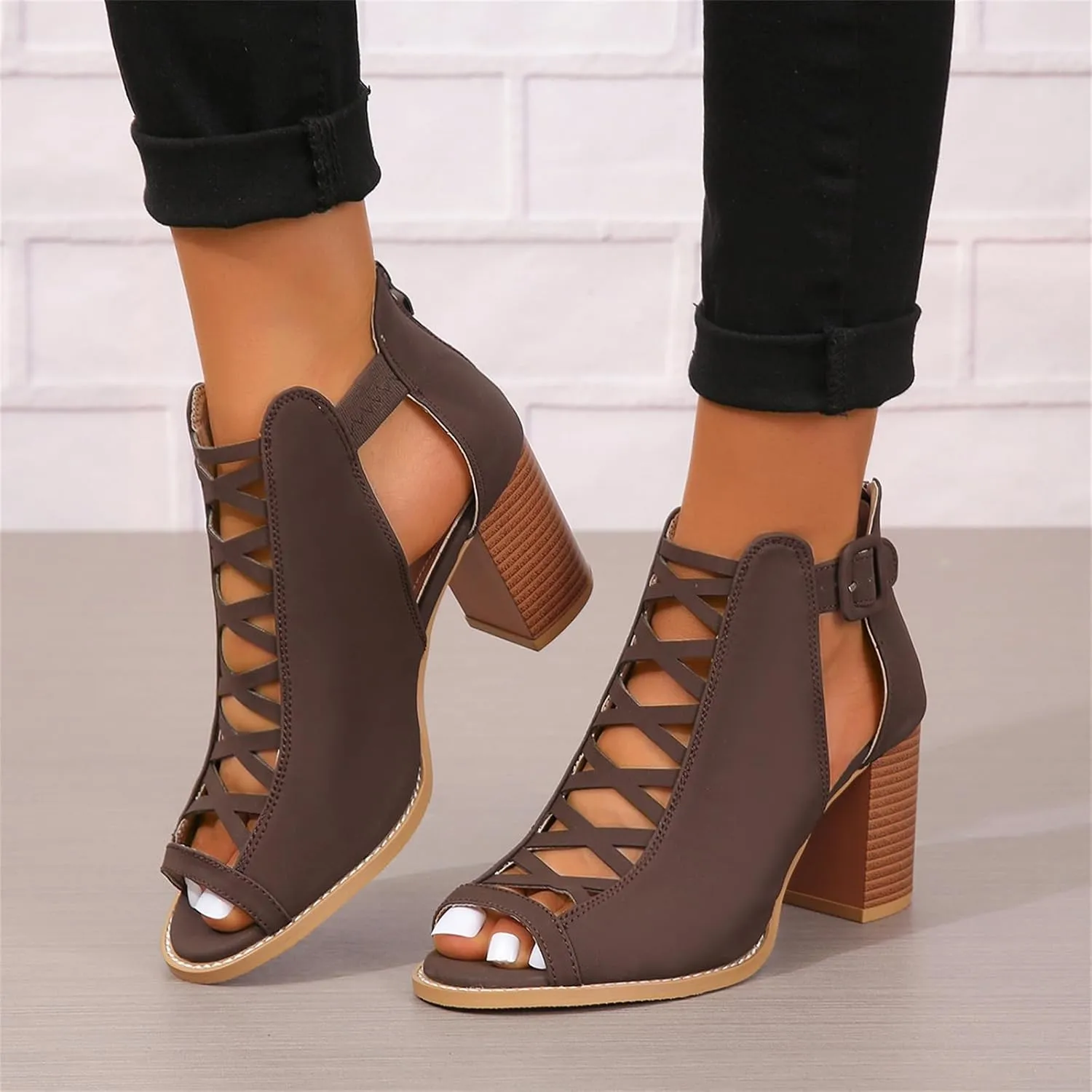 Womens Peep Toe Booties Chunky Heeled Sandals Back Zipper Cutout Dressy Sandals with Adjustable Ankle Strap Buckle