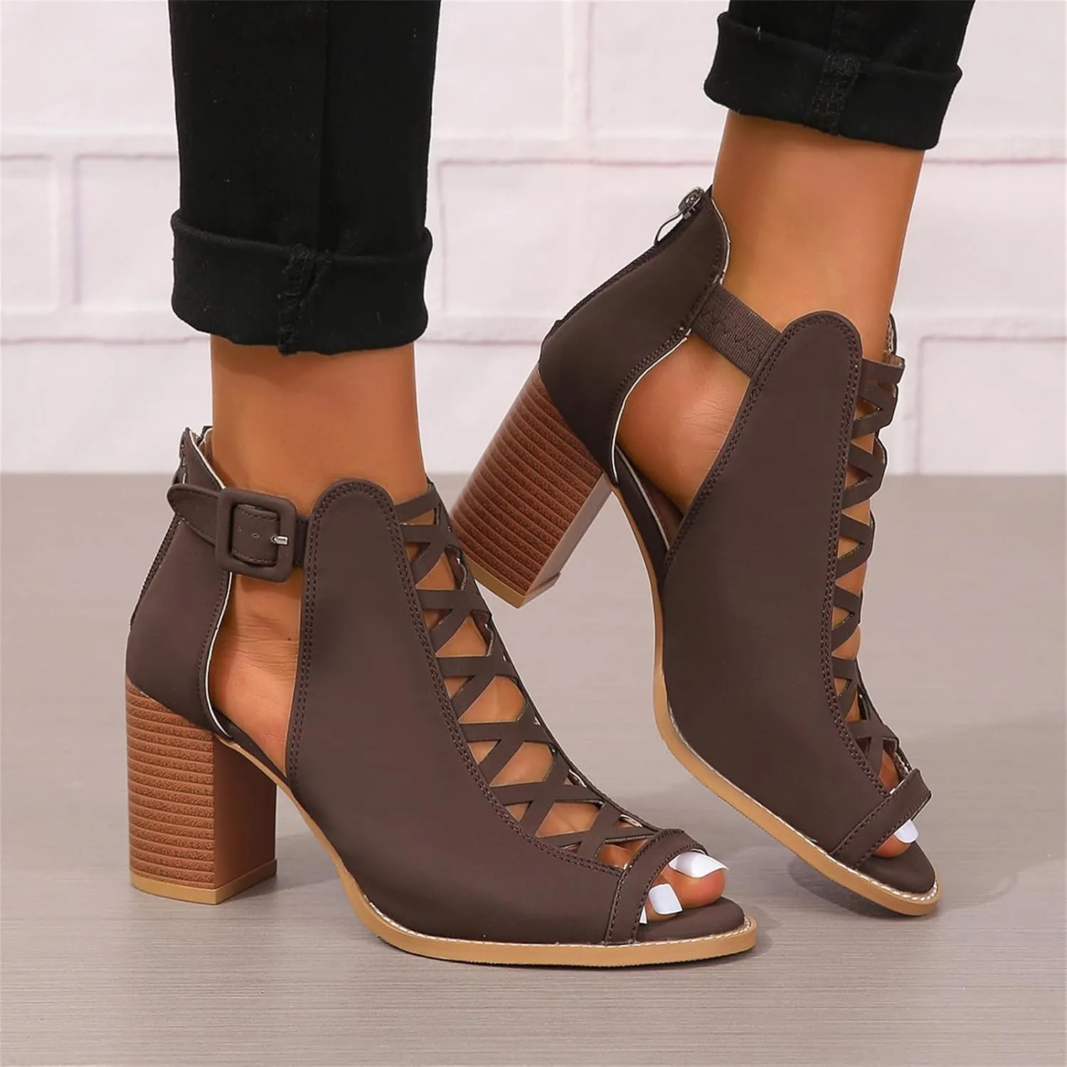 Womens Peep Toe Booties Chunky Heeled Sandals Back Zipper Cutout Dressy Sandals with Adjustable Ankle Strap Buckle