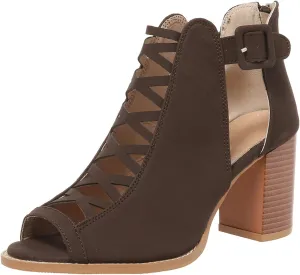 Womens Peep Toe Booties Chunky Heeled Sandals Back Zipper Cutout Dressy Sandals with Adjustable Ankle Strap Buckle