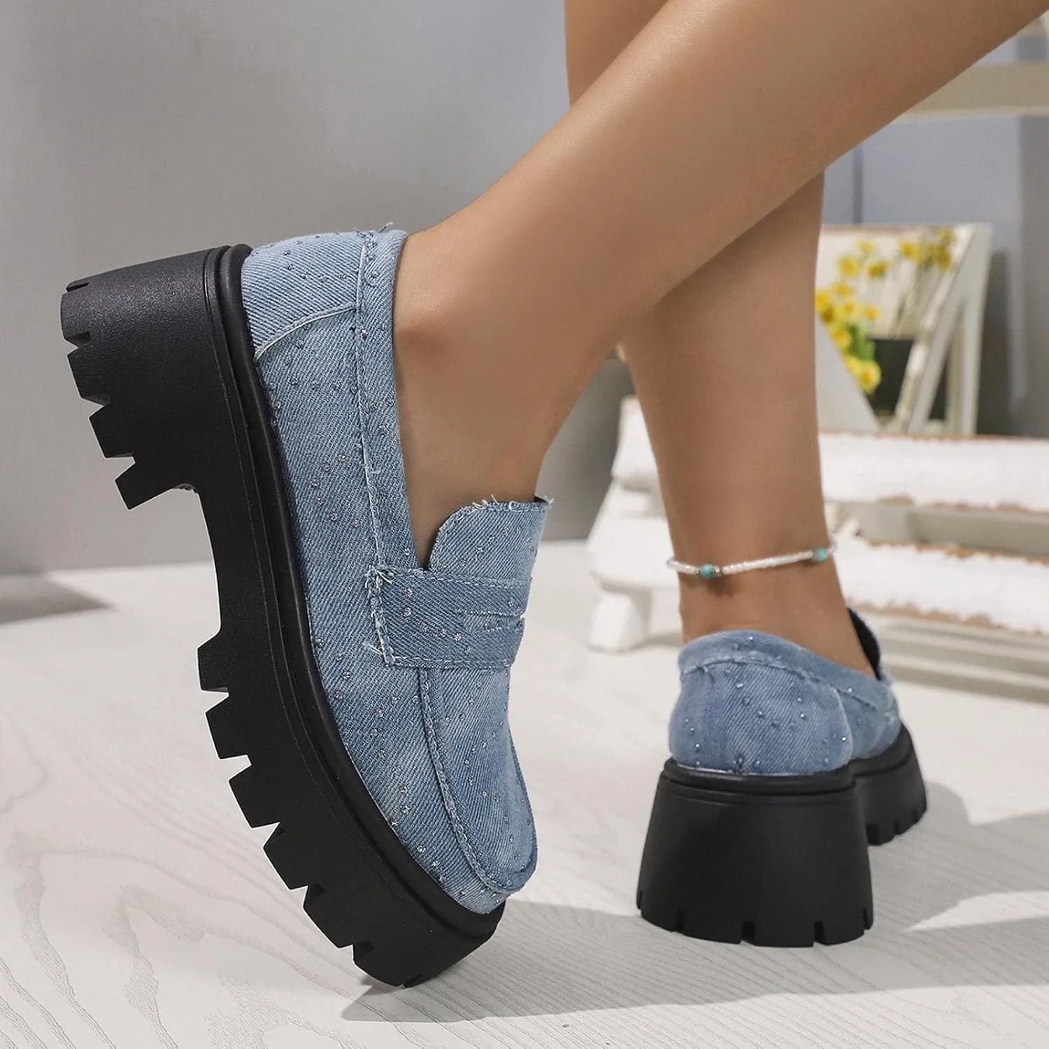 Womens Penny Loafers Wide Width,Fashion Denim Casual Shoes Platform Chunky Loafers Shoes Slip On Dress Shoes for Work