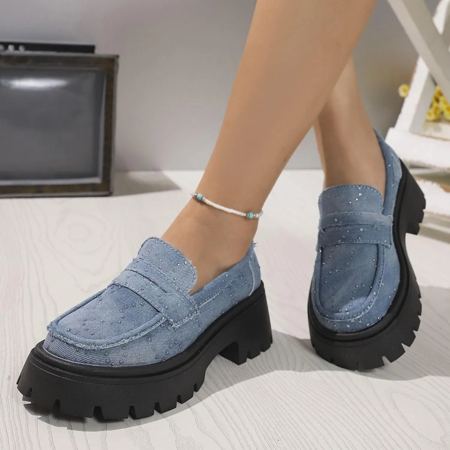 Womens Penny Loafers Wide Width,Fashion Denim Casual Shoes Platform Chunky Loafers Shoes Slip On Dress Shoes for Work