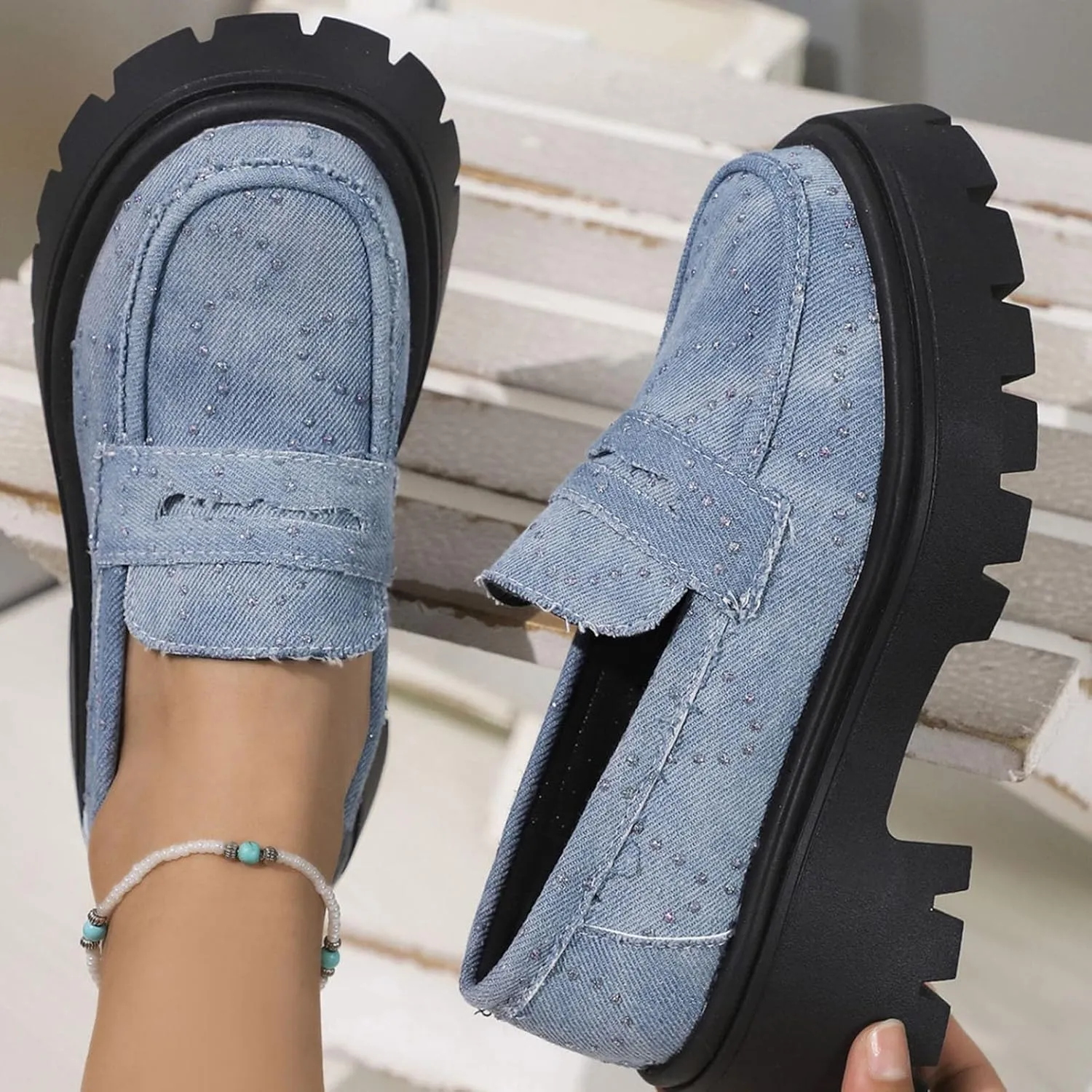 Womens Penny Loafers Wide Width,Fashion Denim Casual Shoes Platform Chunky Loafers Shoes Slip On Dress Shoes for Work